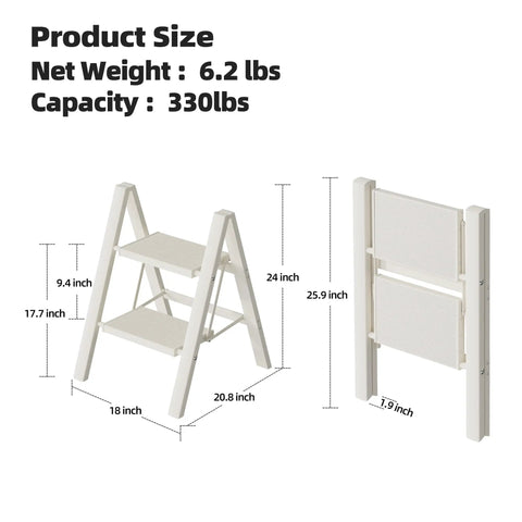 Aluminum 2 Step Folding Ladder White Finish Lightweight and Portable for Home Garage or Workshop Open Size 18x20x24 Inches Top Step Height 17.7 Inches Folds to Slim 1.8 Inch Profile for Easy Carry and Neat Storage, white aluminum ladder open and folded