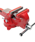 Badass 6 Inch Heavy Duty Bench Vise With Smooth 360 Degree Swivel Base And Serrated Pipe Jaws Built Tough From Rock Solid Austempered Iron, red finish.