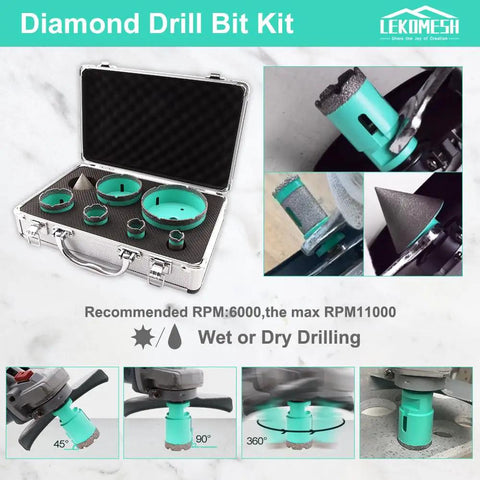 Diamond Hole Saw Kit 7Pc Heavy Duty Pro Grade for Tile and Stone set in open case with visible hole saws and bits.