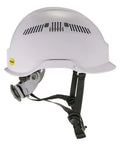 Rear view of MIPS Safety Helmet with Climbing Style Worksite Ready Ventilated Hard Hat for Angled Impact Protection and EN 12492 Compliance Class C White Medium.