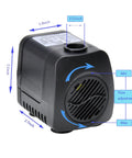 Detailed view of compact water pump kit with mushroom and blossom spray heads, featuring flow adjustment and dimensions marked.