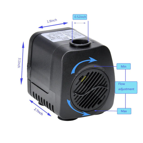 Detailed view of compact water pump kit with mushroom and blossom spray heads, featuring flow adjustment and dimensions marked.