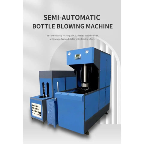 Semi Automatic Blow Molding Machine For Pet Bottle Manufacturing, industrial blue machine with feed dial, designed for bottle blowing.