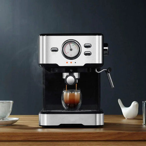 Household Semi Automatic Espresso Machine With Twenty Bar Pressure brewing espresso shot into glass cup on wooden counter.