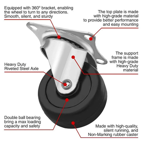 12 Pack 2 Inch Swivel Caster Wheels with Plate Mount, Rubber Base, Ball Bearings, Heavy Duty, for Carts and Equipment