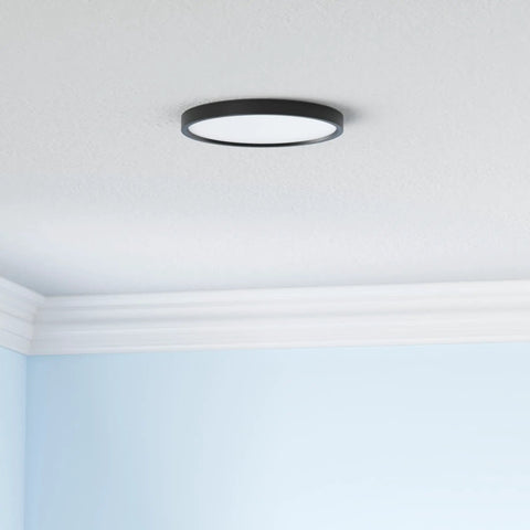 LED Flush Mount Ceiling Light 18W 180W Equivalent Slim Black Fixture, 8.9 Inch, installed on ceiling in a bright room