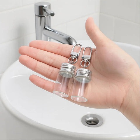 Top Tier 12 Pack 7 ml Mini Glass Bottle Keychains Featuring Secure Screw Lids And Heavy Duty Metal Rings ready to roll in hand.