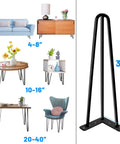 34 Inch Black Hairpin Table Legs Set Of 4 Heavy Duty 900 Lb Capacity With Rubber Floor Protectors shown with furniture examples