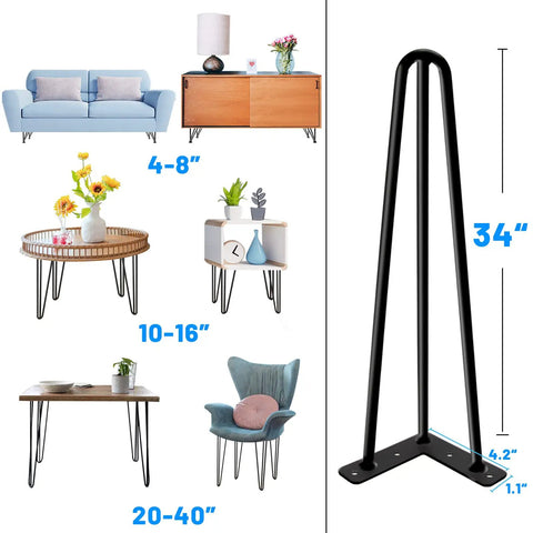 34 Inch Black Hairpin Table Legs Set Of 4 Heavy Duty 900 Lb Capacity With Rubber Floor Protectors shown with furniture examples