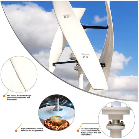 12000W Noiseless Vertical Axis Wind Turbine Generator With MPPT Controller, shown in detailed parts close-up, white design