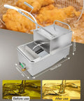 Shop Ready Commercial Fryer Filter Cart With Fifteen Gallon Stainless Steel Tank Rock Solid Frame Easy Glide Wheels Filtering Eight Point Five Gallons Per Minute For Busy Restaurants, shown with oil before and after use.
