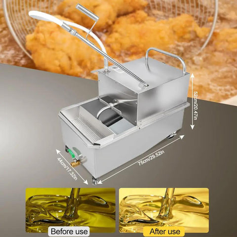 Shop Ready Commercial Fryer Filter Cart With Fifteen Gallon Stainless Steel Tank Rock Solid Frame Easy Glide Wheels Filtering Eight Point Five Gallons Per Minute For Busy Restaurants, shown with oil before and after use.