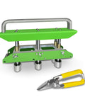 Three Station Edge Roller Bender for Roofing Sheet Metal with aluminum handle and tin snips, green and metal construction, full view
