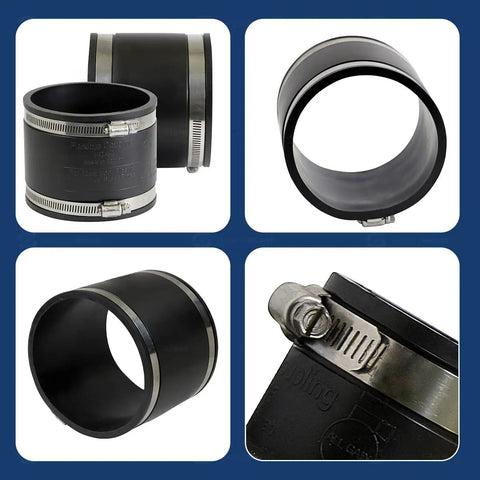 Rock Solid Flexible Pvc Pipe Coupling Connector With Stainless Steel Worm Clamp 8 Point 6 Inch Inner Diameter for 8 Inch Nominal DWV Line, side view.