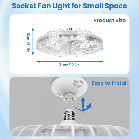 Compact 12 Inch Ceiling Fan With Led Light Remote Control Adjustable Socket Dimmable Bulb Four Chill Speeds Zero Noise Small Room Vibe Lift Game Changing Summer Refresh, showing size and installation details.