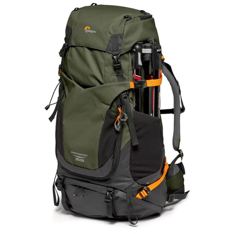PhotoSport Pro 55L AW IV Camera Backpack For Mirrorless And DSLR Gear Medium To Large Green with tripods attached, front view.