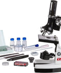 1200X Microscope STEM Kit With 52 Piece Set And Durable Metal Body For Kids Kid Friendly Awesome Science Exploration From 120X To 1200X Educational Microscope For Home Classroom. White and black metal kids microscope with 52-piece accessories
