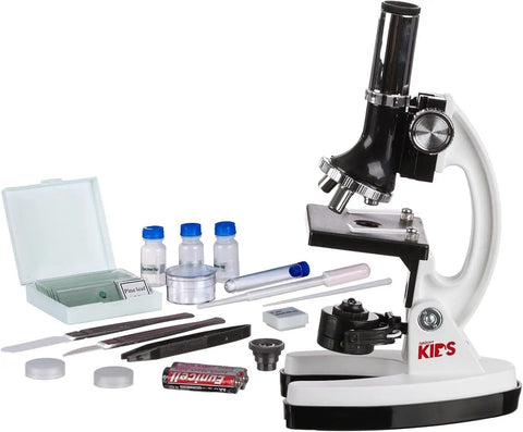 1200X Microscope STEM Kit With 52 Piece Set And Durable Metal Body For Kids Kid Friendly Awesome Science Exploration From 120X To 1200X Educational Microscope For Home Classroom. White and black metal kids microscope with 52-piece accessories