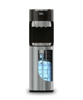 Bottom Load Water Dispenser For Five Gallon Bottles With Hot Cold And Room Temperature Water, stainless steel finish, front view