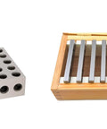 Front view: two HHIP 1/8 x 3 in precision parallel blocks in gray metal with holes; wooden box holds 1-2-3 matched blocks.