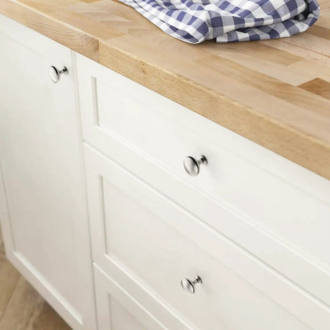 25 Pack Cabinet Knobs And Drawer Pulls Set Brushed Satin Nickel 1.18 Inch showcasing modern kitchen cabinet installation.