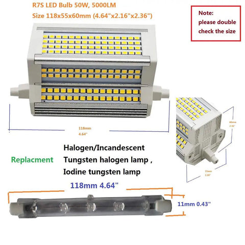 R7S 50W LED Bulb Dimmable 3000K Warm White J Type Double Ended 118mm shows dimensions and replacement comparison
