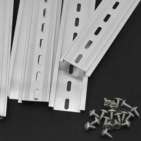 10 Pack 8 Inch Aluminum DIN Rails Top Hat Slotted For Hardware Mounting, 7.5 mm Height By 35 mm Width By 200 mm Length, Includes 20 MXU-DIN-100 Screws