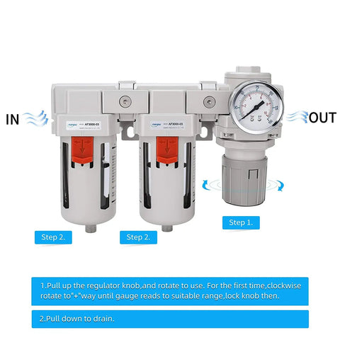 Three Eighth Inch NPT Air Drying System With Dual Five Micron Brass Filters And Regulator, Semi Auto Drain, Poly Bowl operation steps
