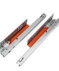 Heavy Duty Side Mounted Ball Bearing Drawer Slides Full Extension Push To Open Mechanism Hella Smooth Glide Kitchen And Home Cabinet Furniture Hardware 18 Inch Cold Rolled Steel Pair close-up view with orange detail.