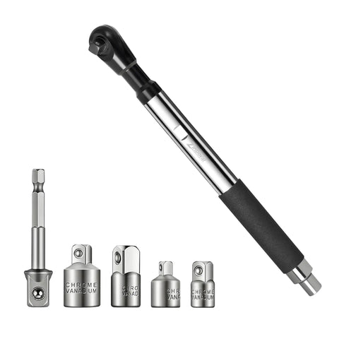 Half Inch Impact Offset Extension Wrench For Tight Spaces Go To Heavy Duty Drill Adapter Extender With 4 Socket Adapters And Drill Bit Adapter Multi Size Socket Converter For Electric Drills And Ratchets shown with included accessories.