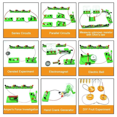 Hands On Basic Electricity And Magnetism Lab Kit For High School Students Real World Electronics Discovery Circuits And Electromagnetism Experiments Now showcasing different circuit experiments and components on a grid layout.
