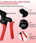 Close-up of Heavy Duty Zip Tie Gun Kit with stainless steel cable tie gun, featuring hardened blade and ergonomic handle.