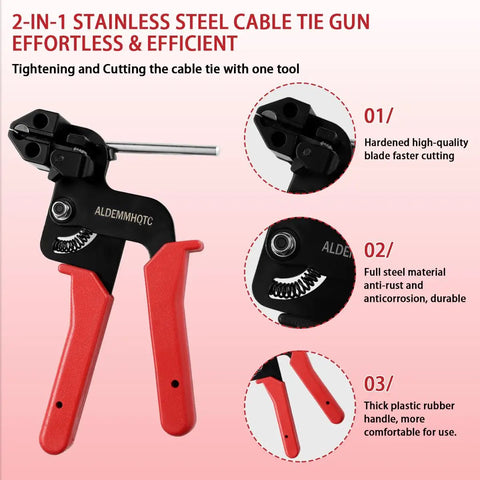 Close-up of Heavy Duty Zip Tie Gun Kit with stainless steel cable tie gun, featuring hardened blade and ergonomic handle.