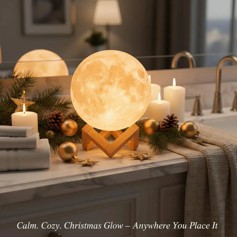 Moon Lamp LED Night Light 3D Printed With Wood Base Dual Color Touch Dimmer 4.7 Inch glowing in cozy room setting
