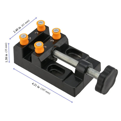 Four Piece Mini Bench Vise Clamp Set With Universal Adjustable Table Vise for drill press, jewelry making, black, dimensions shown.
