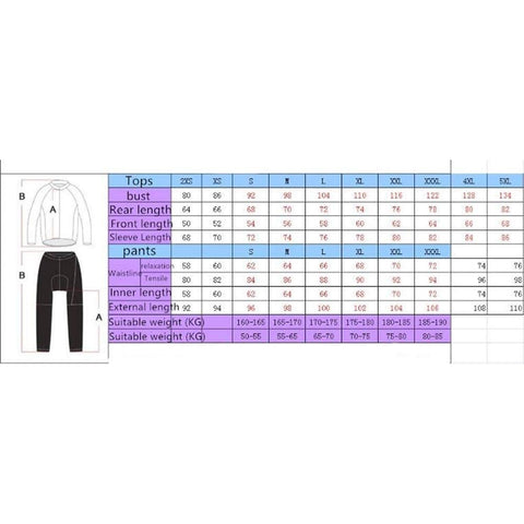 Size chart with measurements for tops and pants, labeled XS to 5XL, with diagrams of clothing illustrations.