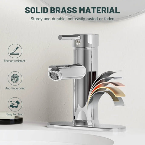 Chrome One Hole Bathroom Faucet With Single Lever Handle, Deck Mount Lavatory Sink Faucet, shown with solid brass material layers