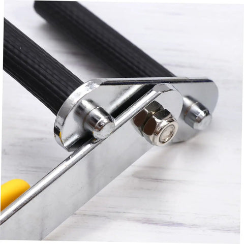 Close-up of Portable Gypsum Board Lifter Set With Adjustable Angle Grip for hassle-free drywall transport. Chrome and rubber components.