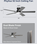 Sleek 52 Inch Black Flush Mount Ceiling Fan With Low Profile Frame And Soft Ambient Lighting Delivers Solid Airflow Without Dropping Down Or Cluttering Your Space, featuring dual blade finish in black and wood grain.