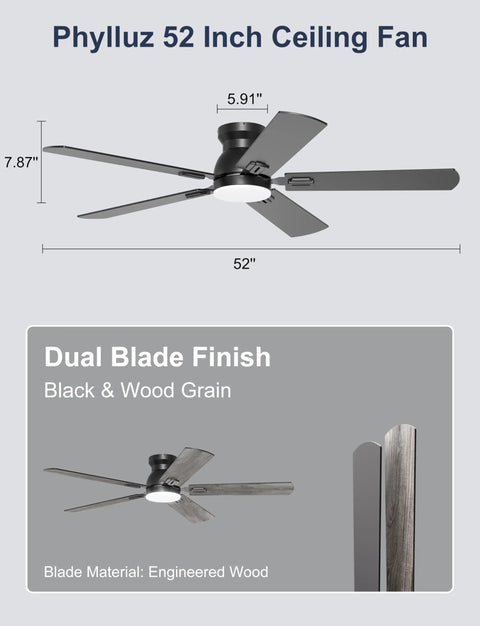 Sleek 52 Inch Black Flush Mount Ceiling Fan With Low Profile Frame And Soft Ambient Lighting Delivers Solid Airflow Without Dropping Down Or Cluttering Your Space, featuring dual blade finish in black and wood grain.