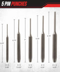 5 pin punches from the 16 Piece Punch And Chisel Set For Woodworking Metalworking And Auto DIY Projects, various sizes displayed
