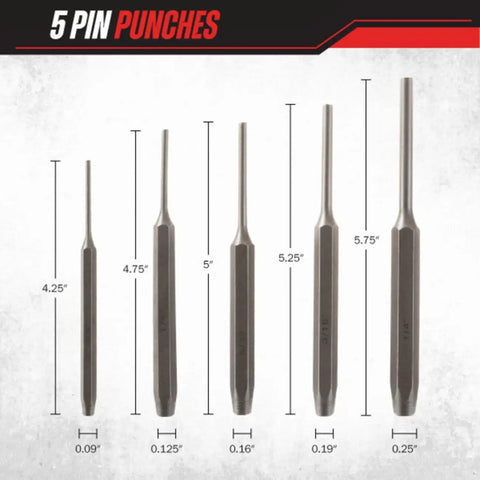 5 pin punches from the 16 Piece Punch And Chisel Set For Woodworking Metalworking And Auto DIY Projects, various sizes displayed