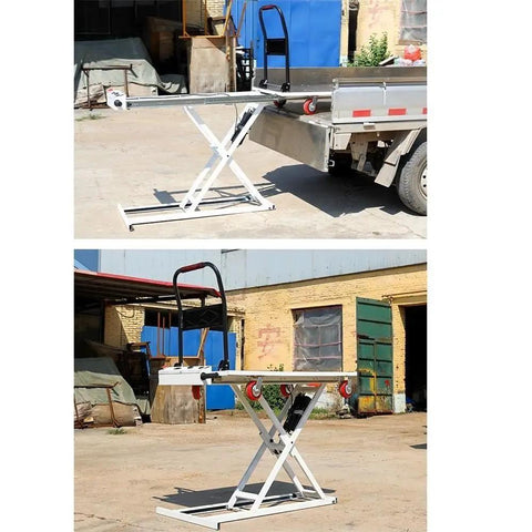 Heavy Duty Electric Lifting Elevator Mobile Lift Truck Folding Flatbed Cart For Warehouse Freight Handcart Easy Storage In Trunk at a job site.