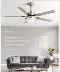 48 Inch LED Ceiling Fan With Lights And Remote Control, flush mount, silver finish, five blades, in modern living room.