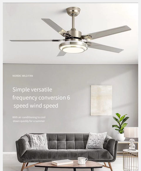 48 Inch LED Ceiling Fan With Lights And Remote Control, flush mount, silver finish, five blades, in modern living room.
