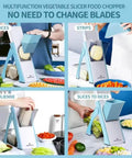Blue mandoline slicer 5-in-1 kitchen chopper with detachable blades; collage shows front, side, julienne, dice views.