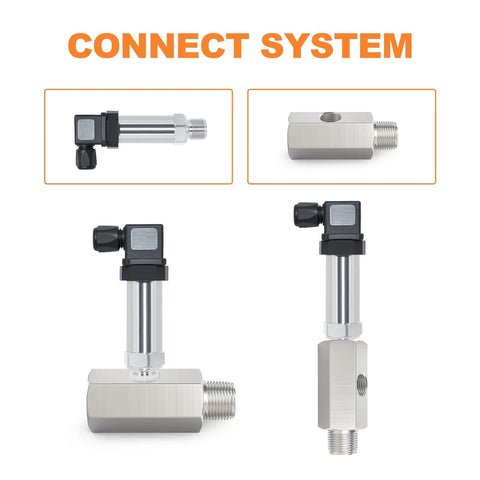GASHER stainless steel oil pressure sensor tee adapter, 1/4 NPT female-to-male with 1/8 NPT port; front/side views