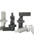 Heavy Duty L Handle Indexing Plunger With Fine Thread M12 Lock Nut And Spring Loaded Thumb Screw For Zero Slack Jigs Cnc Machines And Shop Fixtures Black in various angles showing different finishes and positions.