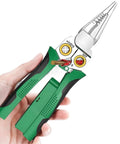 8 In 1 Electric Wire Stripper With Measurement Tool Green Cable Cutter Plier held in hand, showcasing grips and cutting edges.