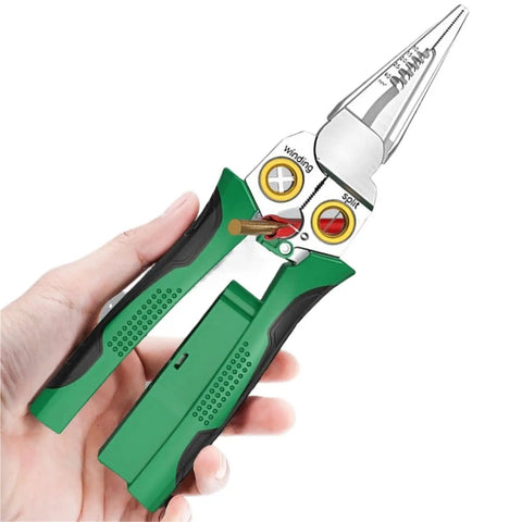 8 In 1 Electric Wire Stripper With Measurement Tool Green Cable Cutter Plier held in hand, showcasing grips and cutting edges.